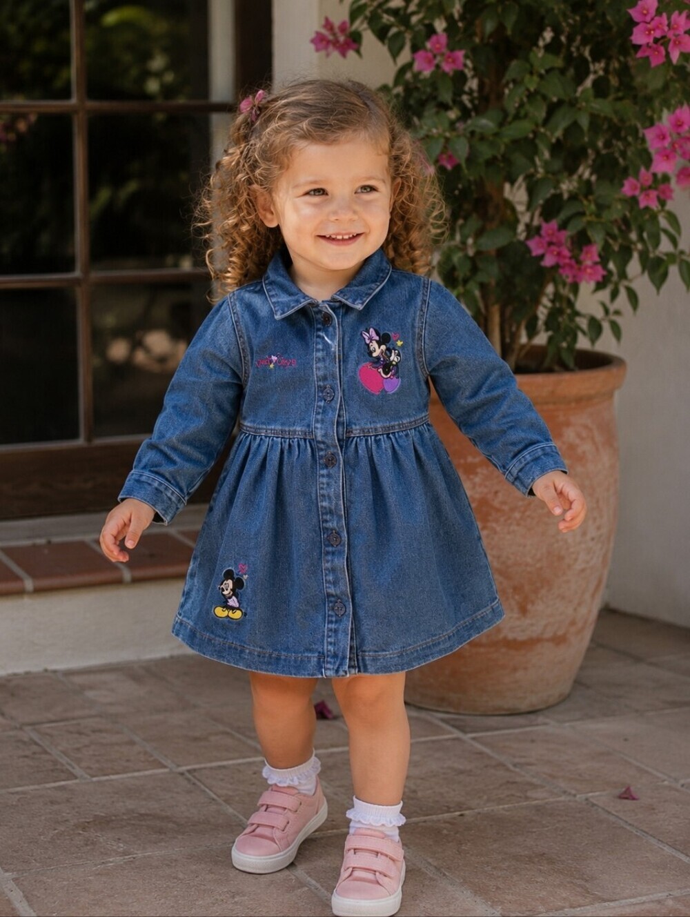 Vintage Minnie Mouse Denim Dress Disney Button Front Embroidered Girls 4T Y2K